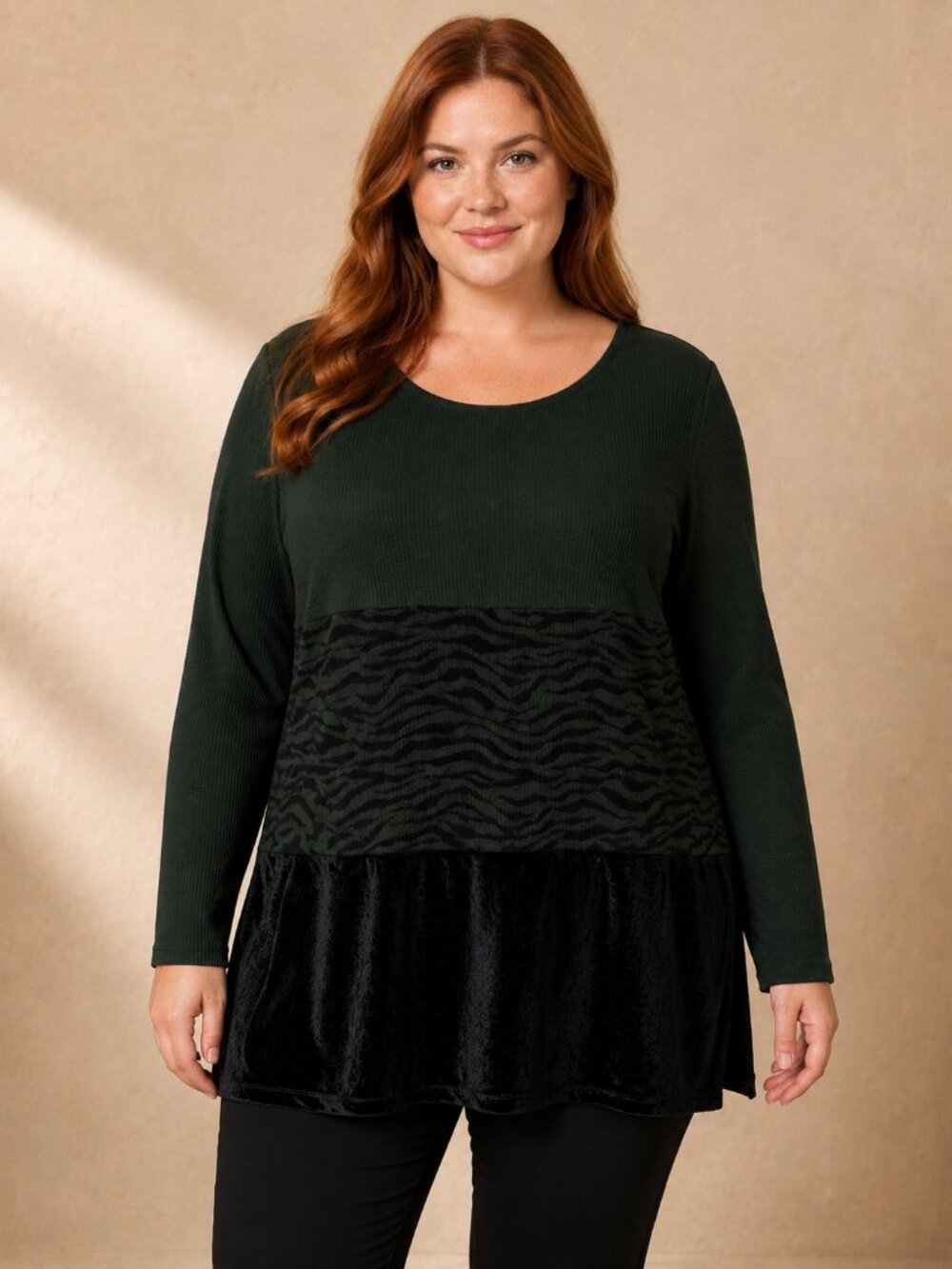 Belle by Kim Gravel Sz Large Mixed-Texture Forest Green & Black Tiered Tunic Top